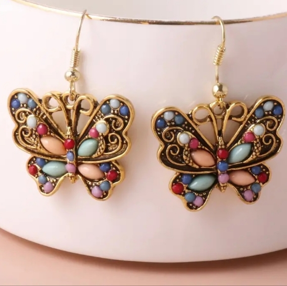 NWT Vintage Gemstone Butterfly Dangle Earrings Handmade - Picture 3 of 4